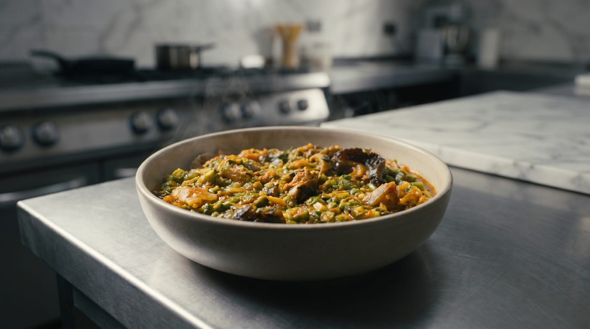 A steaming bowl of authentic African okra soup plated on a marble kitchen counter