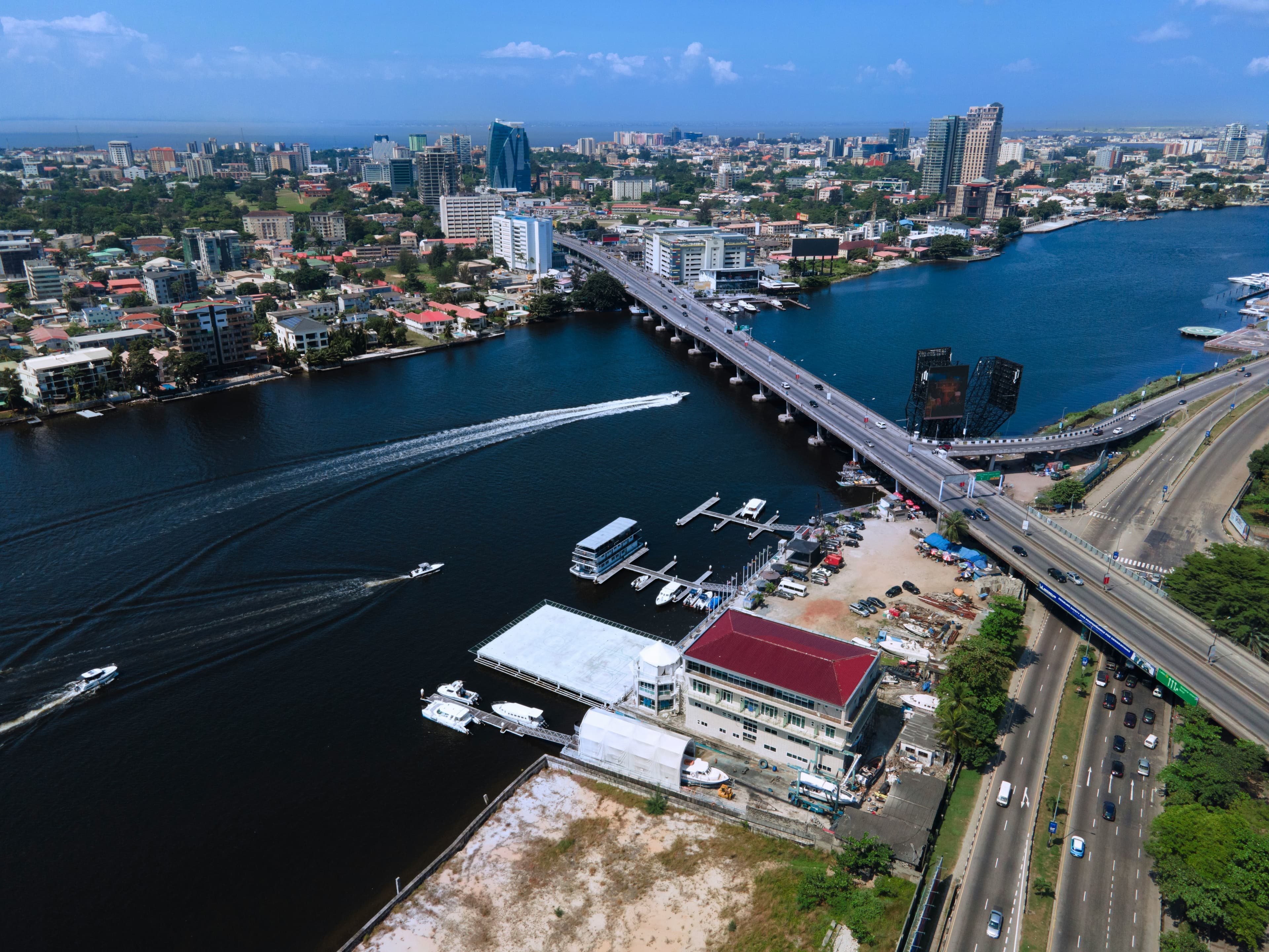 Lagos city bridge over the lagoon at dusk